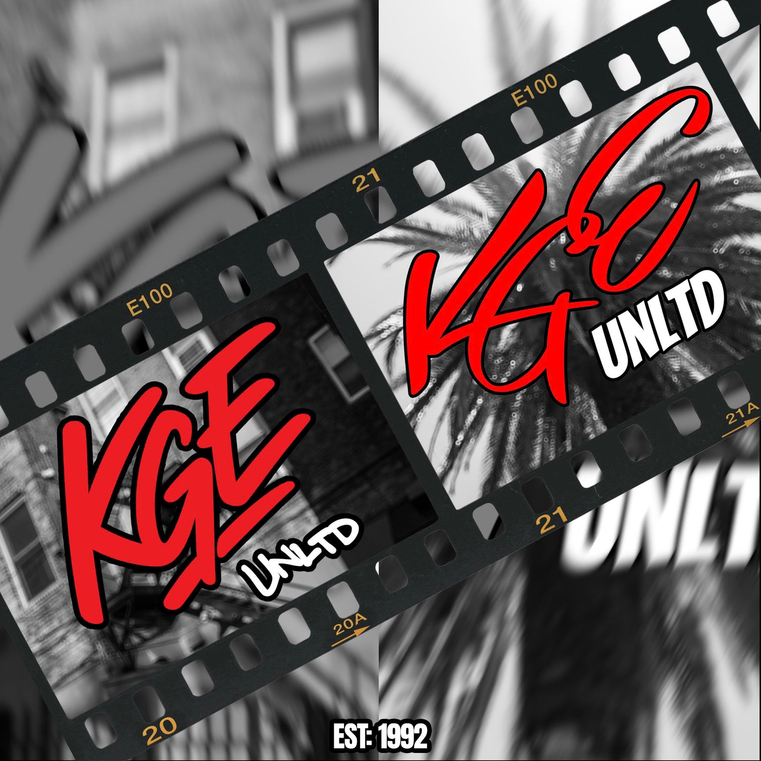 Film strip image showing two KGE UNLTD streetwear logos—one graffiti-style, one handwritten—representing the clothing brand’s urban and creative roots.