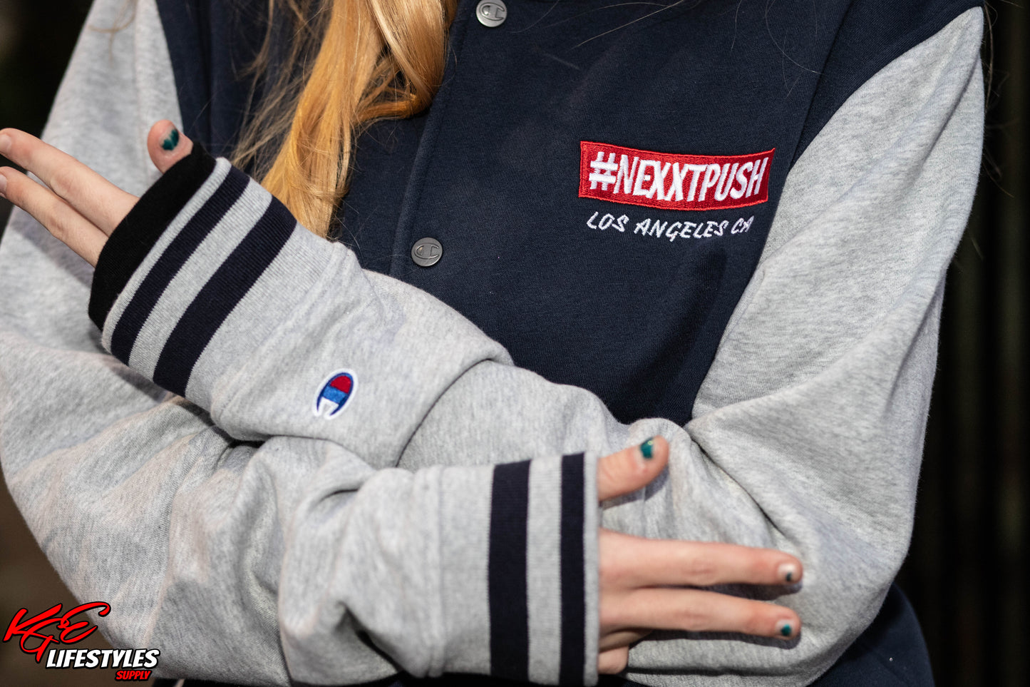 Champion #NEXXTPUSH Red Bar Embroidered Bomber Jacket